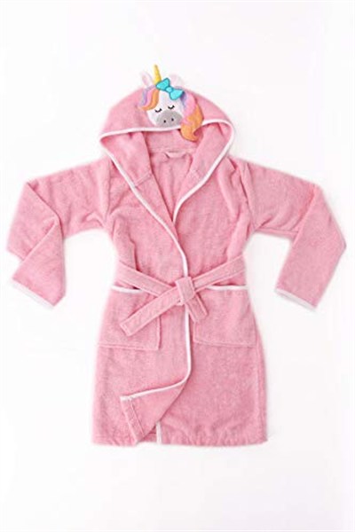 %100 Pamuklu Unicornlu Çocuk Bornozu PEMBE 6-8 Yaş