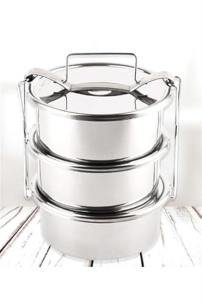 13x5cm 3 Kaplı Sefer Tası 2-3 Kişilik Yemek Taşıma Kabı Paslanmaz Çelik 1.5lt 500ml X3 Isıtılabilir