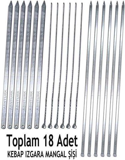 18 parça Farklı Boyut ve Özelliklerde Barbekü Mangal Şiş Set, 6 Adana+6 Şiş Kebap+6 Tavuk Kanat Şiş