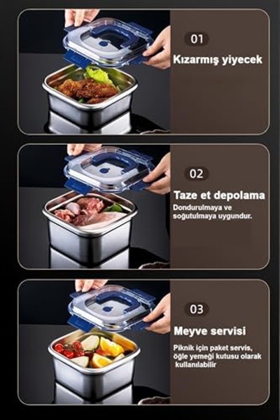 2 Adet Çelik 1250 ml Kilitli Yemek Meyve Et Buzdolabı Beslenme Saklama Kabı mt106