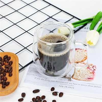 2 Adet Çift Cidarlı Cam Kupa Bardak Su Meşrubat Çay Saplı 250 ml