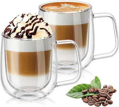 2 Adet Çift Cidarlı Cam Kupa Bardak Su Meşrubat Çay Saplı 250 ml