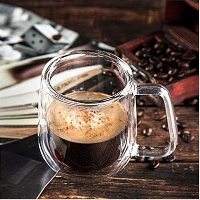 2 Adet Çift Cidarlı Cam Kupa Bardak Su Meşrubat Çay Saplı 250 ml