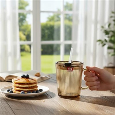 2 Adet Kapaklı Pipetli Cam Kupa Bardak Çay Kahve Meşrubat Tatlı Bardağı Kahverengi 370 ml
