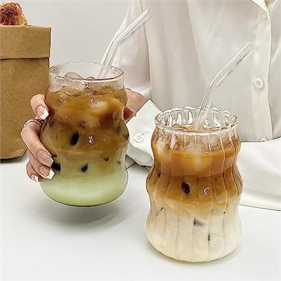 2 Adet Nervürlü Cam Bardaklar 18oz Vintage İçme Züccaciye Dalgalanma Kokteyl Bardakları Buzlu Kahve Suyu İçecek Süt için