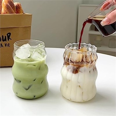 2 Adet Nervürlü Cam Bardaklar 18oz Vintage İçme Züccaciye Dalgalanma Kokteyl Bardakları Buzlu Kahve Suyu İçecek Süt için