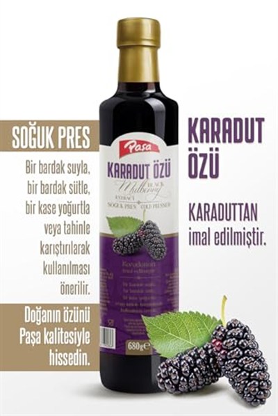(2 Adet) Paşa Karadut Özü, 680g Şişe, Soğuk Pres İmal Edilmiş Doğal Meyve Özü