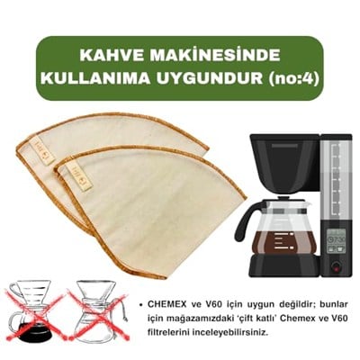 (2 adet) Yıkanabilir, Kumaş Kahve Filtresi (no:4) Ağartılmamış%100 Ham Pamuk, Organik, Ekolojik Filtre no:4 (no4.2)