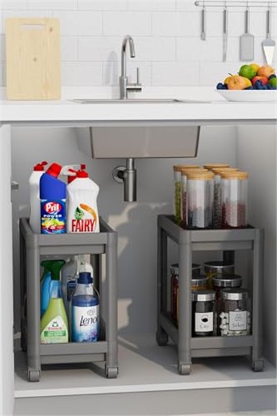 2 Katlı Tekerlekli Düzenleyici Raf Mutfak Tezgah & Evye Altı Dolap İçi Organizer, Banyo Deterjanlık ve Şampuanlık, Çok Amaçlı Taşınabilir Sebzelik, Modern Dekoratif Mutfak Raf Ünitesi (GRİ)