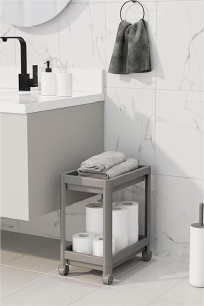 2 Katlı Tekerlekli Düzenleyici Raf Mutfak Tezgah & Evye Altı Dolap İçi Organizer, Banyo Deterjanlık ve Şampuanlık, Çok Amaçlı Taşınabilir Sebzelik, Modern Dekoratif Mutfak Raf Ünitesi (GRİ)