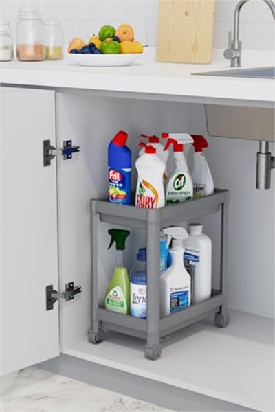 2 Katlı Tekerlekli Düzenleyici Raf Mutfak Tezgah & Evye Altı Dolap İçi Organizer, Banyo Deterjanlık ve Şampuanlık, Çok Amaçlı Taşınabilir Sebzelik, Modern Dekoratif Mutfak Raf Ünitesi (GRİ)