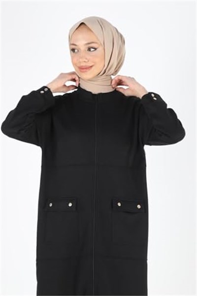 2081_Fermuarlı Yırtmaçlı Oversize Tesettür Kap