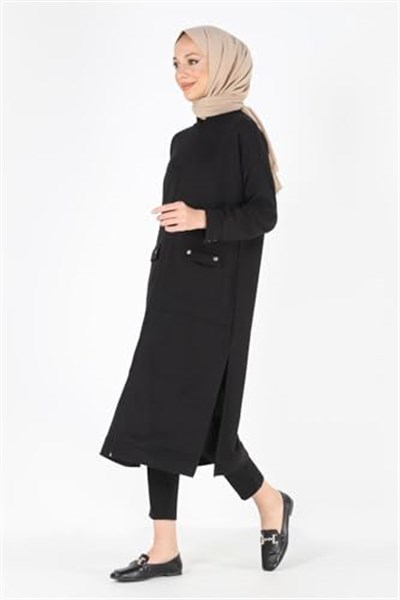 2081_Fermuarlı Yırtmaçlı Oversize Tesettür Kap