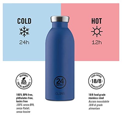 24BOTTLES Clima içecek şişesi 850 ml, termos 24 saat soğuk ve 12 saat sıcak, su şişesi,%100 mühürlü kapak, çevre dostu içecek şişesi, paslanmaz çelik, spor, koyu mavi