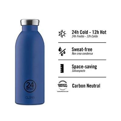 24BOTTLES Clima içecek şişesi 850 ml, termos 24 saat soğuk ve 12 saat sıcak, su şişesi,%100 mühürlü kapak, çevre dostu içecek şişesi, paslanmaz çelik, spor, koyu mavi