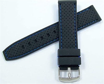 24mm Mavi Dikişli Siyah Kauçuk Silikon Spor Saat Kordonu Kayışı K