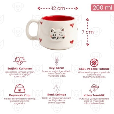2li El Yapımı Seramik Kupa Seti, Kedi Desenli Kalp Motifli Stoneware Mug, 200 ml, Kırmızı İçli Doğal Seramik, Çay Kahve Bardağı, Kedi Severlere Hediye (PEMBE) (Kırmızı)