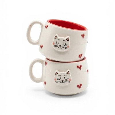 2li El Yapımı Seramik Kupa Seti, Kedi Desenli Kalp Motifli Stoneware Mug, 200 ml, Kırmızı İçli Doğal Seramik, Çay Kahve Bardağı, Kedi Severlere Hediye (PEMBE) (Kırmızı)