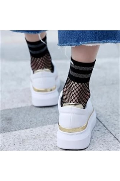 2li Simli Siyah ve Beyaz File Fishnet Soket Kadın Çorap Siyah/Beyaz 36-39