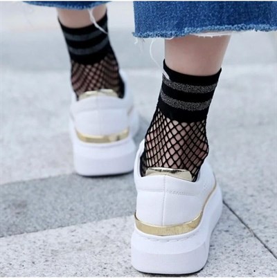2li Simli Siyah ve Beyaz File Fishnet Soket Kadın Çorap Siyah/Beyaz 36-39