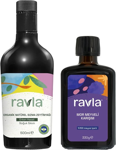 2li Ürün - Ravla Mor Meyveli Karışım - 330g / Organik Zeytinyağı - Bebek Çocuk Yüksek Polifenol 500ml