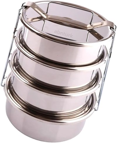 3 LT Paslanmaz Çelik 4lü Sefer Tası 2-4 Kişilik Yemek Taşıma Kabı 750ml Isıtılabilir 4 Kap 15x24cm