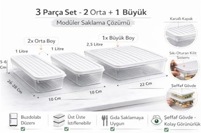 3’lü Modüler Buzdolabı Saklama Kabı Seti Düzenleyici Organizer Kutu (Beyaz)