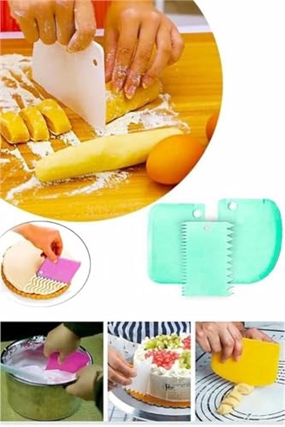 3 Parça Plastik Pasta Hamur Krema Şekillendirici Kesici Kazıyıcı Dekoratör Spatula Set