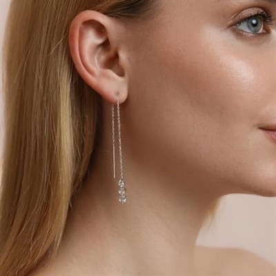 3 Zirkon Taşlı Gümüş Kadın Zincir Küpe | 925 Ayar Gerçek Gümüş | CZ Kübik Zirkon