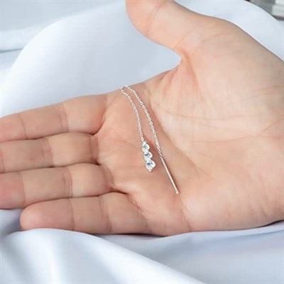 3 Zirkon Taşlı Gümüş Kadın Zincir Küpe | 925 Ayar Gerçek Gümüş | CZ Kübik Zirkon