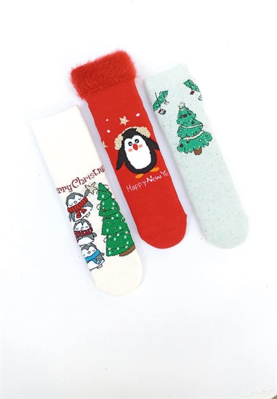 3lü Noel Temalı Kaydırmaz Çocuk Havlu Çorap 28-30