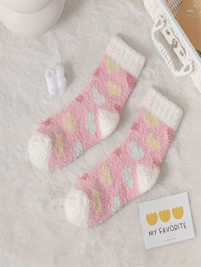 3lü Peluş Kışlık Yumuşak Yünlü Kokulu Kalpli Pembe-Beyaz-Sarı Uyku Çorabı Tek Beden