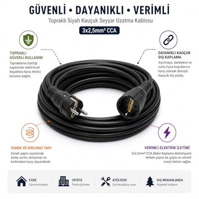 3x2.5mm TTR Topraklı Siyah Kauçuk Seyyar Uzatma Kablosu (20 METRE) - Seçenekler: 1 METRE, 2 METRE, 3 METRE, 4 METRE, 5 METRE, 10 METRE...