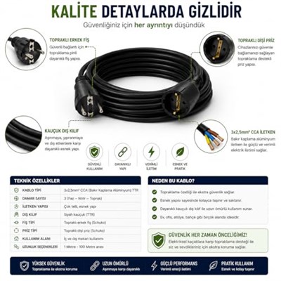3x2.5mm TTR Topraklı Siyah Kauçuk Seyyar Uzatma Kablosu (20 METRE) - Seçenekler: 1 METRE, 2 METRE, 3 METRE, 4 METRE, 5 METRE, 10 METRE...