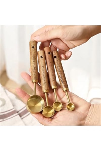 4 Parça Bambu Saplı Ölçü Kaşığı Seti, Gold Renk, Paslanmaz Çelik