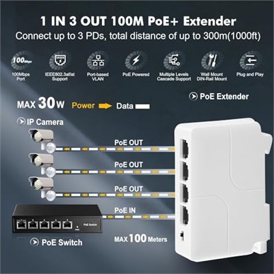 4 Portlu PoE Genişletici, 3 PoE Çıkışında 1 PoE, IEEE802.3af/PoE Powered Geçiş Anahtarı, 100Mbps Ethernet, DIN Ray ve Duvara Montaj