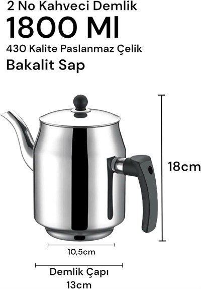 430 Paslanmaz Çelik Kahveci Demlik 1800ml 2 No