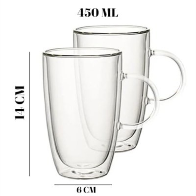 450 ml Çift Cidarlı Şeffaf Cam Kupa – Isıya Dayanıklı, Sıcak ve Soğuk İçeceklere Uygun, Şık ve Dayanıklı Borosilikat Cam Bardak