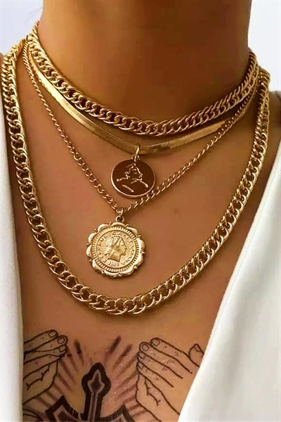 4lü Gold Kaplama Kadın Madalyon Kolye arenNM193