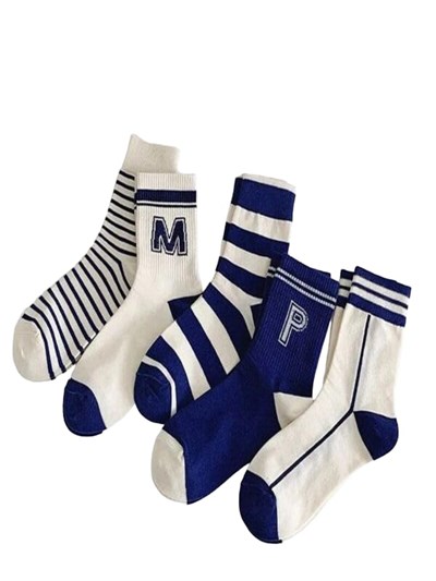 5li Ekonomik Paket Mavi Çizgili Desenli Unisex Soket Çorap Seti Tek Beden