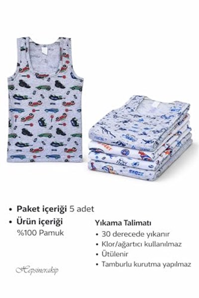 5li Erkek Çocuk Renkli Desenli Atlet%100 Pamuklu