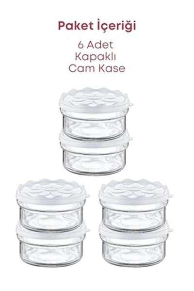 6 Adet Beyaz Plastik Kapaklı Kahvaltılık Cam Kase- Kahvaltılık Saklama Kabı 415 cc