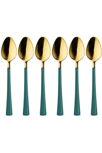 6 Adet Çay Kaşığı Seti, 18/10 Paslanmaz Çelik, Gold Yeşil, 11 cm, 70 gr