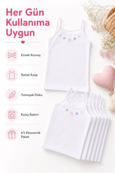 6 lı Tutku Kız Çocuk İp Askılı Atlet İşlemeli Ribana 0165