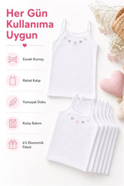 6 lı Tutku Kız Çocuk İp Askılı Atlet İşlemeli Ribana 0165