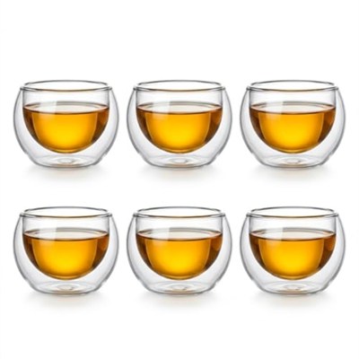 6lı Mini Çift Cidarlı Sosluk Çay Bardağı - Şeffaf Isı Yalıtımlı Cam, 50 ml, 6cm