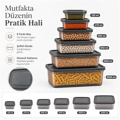 6lı Şeffaf Saklama Kabı Seti, 6 Litre, Derin Dondurucu Ve Mikrodalga İçin Çok Boyut Büyük Küçük Boy Kapaklı Yemek Gıda Depolama Kutusu, Plastik Mutfak Düzenleyici Organizer, BPA İçermez (Gri)