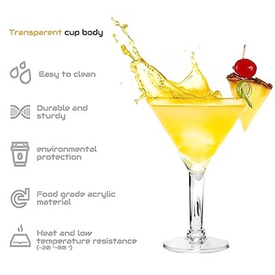 6PC Akrilik Martini Bardakları, 7oz Kırılmaz Plastikten Üretilmiş Plastik Martini Bardakları, Kırılmaz ve Havuz Kenarı, Açık Havada, Kamp ve Daha Fazla Kullanım için Mükemmel, Yeniden Kullanılabilir