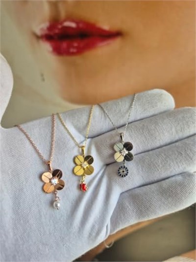 925 Ayar Papatya silver 3lü set 4 yaprak yonca kolye.rose.gold.rodaj