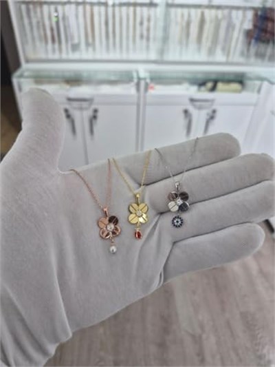 925 Ayar Papatya silver 3lü set 4 yaprak yonca kolye.rose.gold.rodaj